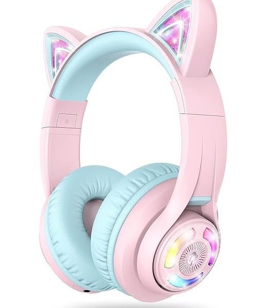 iClever BTH13 Bluetooth Kids Headphones with Mic, Over Ear Headphone Wireless Cat Ear Headphones for Girls Birthday Gift Safe Volume Limited, 45H Playtime Portable Headset for Tablet/PC, Pink