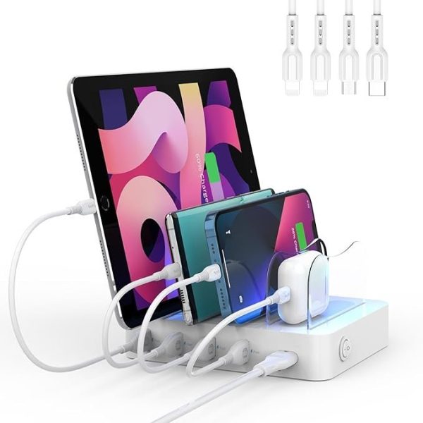 SooPii Charging Station for Multiple Devices, 4-Port Charger Station with 6 Mixed Charging Cables Included,for Home,Office,Travel
