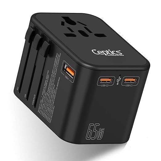 Ceptics Universal Charger Adapter with Type C 65W Laptop/MacBook Mobile Charging, 4 in 1 International Travel Adapter, 1 USB 2 USB-C W/3.1A Max, 10 Years Warranty, Worldwide Travel Adapter, Black